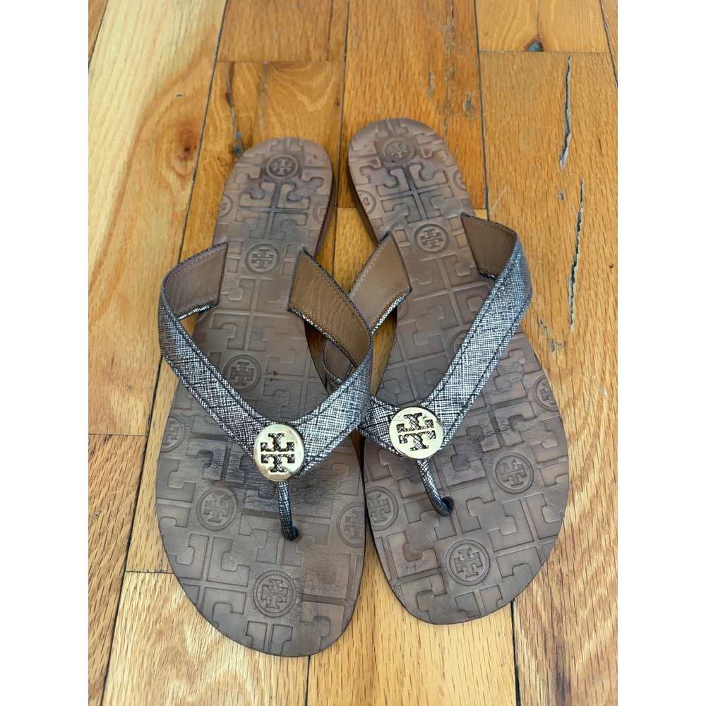 Tory Burch Thora Bronze Leather Gold Logo Flip Flop Thong Sandal Size 9